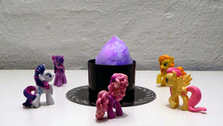 Size: 1280x720 | Tagged: safe, artist:lee-sherman, carrot top, cheerilee, fluttershy, golden harvest, rarity, twilight sparkle, g4, blind bag, crystal, irl, parody, photo, the dark crystal, toy