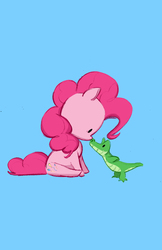 Size: 3300x5100 | Tagged: dead source, safe, artist:psychoon, gummy, pinkie pie, alligator, earth pony, pony, g4, blue background, boop, chibi, cute, diapinkes, dot eyes, duo, gummybetes, noseboop, simple background, sitting