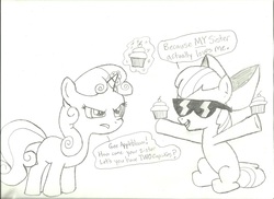 Size: 936x680 | Tagged: artist needed, safe, apple bloom, sweetie belle, g4, cupcake, monochrome, sunglasses