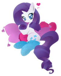 Size: 798x987 | Tagged: safe, artist:rariedash, rarity, pony, unicorn, g4, clothes, cutie mark, female, heart, hooves, horn, lineless, lying down, mare, pillow, smiling, socks, solo