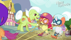 Size: 765x431 | Tagged: safe, apple bloom, granny smith, scootaloo, sweetie belle, flight to the finish, g4, helmet, high five, hoofbump, scooter