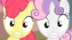 Size: 1280x720 | Tagged: safe, screencap, apple bloom, sweetie belle, flight to the finish, g4, duo, looking at you, surprised