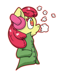 Size: 1109x1193 | Tagged: safe, artist:thepiplup, apple bloom, earth pony, pony, semi-anthro, g4, breath, breathing, clothes, coat, earmuffs, female, filly, foal, simple background, solo, transparent background, winter