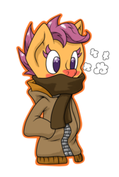 Size: 893x1329 | Tagged: safe, artist:thepiplup, scootaloo, pegasus, semi-anthro, g4, breath, clothes, coat, female, scarf, simple background, solo, transparent background