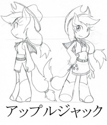 Size: 589x684 | Tagged: safe, artist:rougebat, applejack, earth pony, anthro, g4, belly button, female, japanese, midriff, monochrome, pixiv, solo