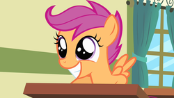 Size: 1280x720 | Tagged: safe, screencap, scootaloo, pegasus, pony, flight to the finish, g4, cute, cutealoo, female, filly, grin, smiling, solo, spread wings, wide eyes, wings