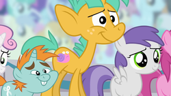 Size: 1280x720 | Tagged: safe, screencap, carrot top, golden harvest, goldengrape, sir colton vines iii, snails, snips, spring melody, sprinkle medley, sweetie belle, tornado bolt, pony, flight to the finish, g4