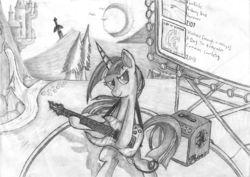 Size: 2000x1412 | Tagged: safe, artist:cryzeu, twilight sparkle, pony, g4, bipedal, female, guitar, monochrome, solo