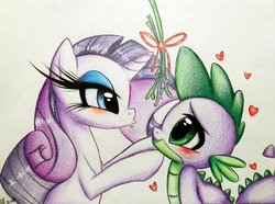 Size: 1024x760 | Tagged: safe, artist:prettypinkpony, rarity, spike, pony, unicorn, g4, duo, female, impossibly long eyelashes, long eyelashes, male, mistletoe, ship:sparity, shipping, spikelove, straight