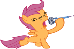 Size: 1280x848 | Tagged: safe, artist:moongazeponies, scootaloo, pegasus, pony, g4, the show stoppers, eyes closed, female, filly, foal, magenta hair, magenta mane, magenta tail, microphone, orange body, orange coat, orange fur, orange pony, orange wings, simple background, singing, solo, transparent background, vector, wings