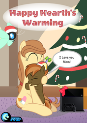 Size: 2432x3440 | Tagged: safe, artist:az-derped-unicorn, button mash, oc, oc:cream heart, earth pony, parasprite, pony, g4, christmas, christmas tree, colt, cream heart and button mash:best mother and son, earth pony oc, female, foal, hat, hearth's warming, male, mare, mother and child, mother and son, playstation 4, santa hat, tree