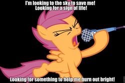 Size: 960x636 | Tagged: safe, scootaloo, g4, female, foo fighters, image macro, learn to fly, lyrics, singing, solo, song reference