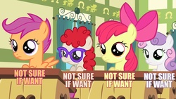 Size: 960x540 | Tagged: safe, apple bloom, scootaloo, sweetie belle, twist, flight to the finish, g4, caption, classroom, cutie mark crusaders, desk, glasses, image macro, not sure if want, ponyville schoolhouse, reaction image