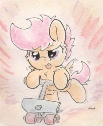 Size: 640x781 | Tagged: safe, artist:slightlyshade, scootaloo, g4, cheek fluff, cute, female, fluffy, scooter, solo, tongue out, traditional art