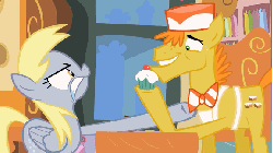 Size: 576x324 | Tagged: safe, artist:mysteryben, carrot cake, derpy hooves, pegasus, pony, epic rage time, g4, animated, apron, bowtie, clothes, female, gif, hat, male, mare, stallion