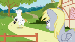 Size: 576x324 | Tagged: safe, artist:mysteryben, bulk biceps, derpy hooves, roid rage, pegasus, pony, epic rage time, g4, animated, female, mare, muffin