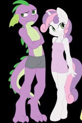Size: 640x960 | Tagged: safe, artist:ambris, spike, sweetie belle, anthro, unguligrade anthro, g4, blushing, boxer briefs, chest fluff, clothes, female, hooves, male, nervous, nightgown, older, ship:spikebelle, shipping, smiling, standing, straight, topless, underwear