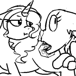 Size: 300x300 | Tagged: safe, artist:lowkey, oc, oc only, oc:renne crux, oc:saffron, diamond dog, pony, unicorn, biting, butt bite, duo, female diamond dog, monochrome, renne quest, unamused