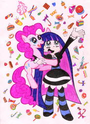 Size: 4796x6571 | Tagged: dead source, safe, artist:gezawatt, pinkie pie, angel, earth pony, pony, g4, absurd resolution, anarchy stocking, candy, crossover, food, open mouth, panty and stocking with garterbelt, sweets, tongue out, traditional art