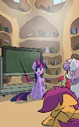 Size: 350x559 | Tagged: safe, artist:darkflame75, apple bloom, scootaloo, sweetie belle, twilight sparkle, alicorn, pony, g4, animated, blinking, bored, chalkboard, cutie mark crusaders, eyes closed, female, floppy ears, golden oaks library, lecture, magic, mare, sitting, sleeping, smiling, student of the night, telekinesis, tumblr, twilight sparkle (alicorn), zzz