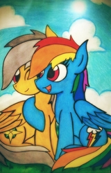 Size: 1810x2832 | Tagged: safe, artist:canvymamamoo, daring do, rainbow dash, daring don't, g4, hug, traditional art