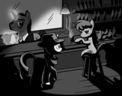 Size: 1425x1125 | Tagged: artist needed, safe, berry punch, berryshine, rarity, earth pony, pony, unicorn, g4, angry, ashtray, bar, black and white, booze, cigar, clothes, detective, detective rarity, drunk, fedora, grayscale, hat, hilarious in hindsight, noir, smoking, trenchcoat