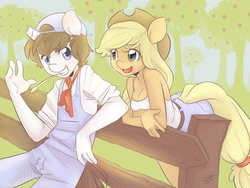 Size: 1200x900 | Tagged: safe, artist:dahliabee, applejack, earth pony, unicorn, anthro, g4, apple, breasts, broken horn, cap, clothes, crossover, fence, food, freckles, harvest moon, hat, horn, ponified, shirt, shorts, signature, smiling, tree