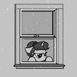 Size: 500x500 | Tagged: safe, artist:tenaflyviper, oc, oc only, oc:viperpone, pony, unicorn, angry, animated, cute, ears back, frown, glare, grumpy, nose wrinkle, snow, snowfall, solo, watching, window