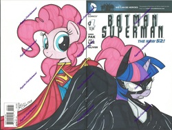 Size: 1205x918 | Tagged: safe, artist:ponygoddess, pinkie pie, twilight sparkle, g4, batman, crossover, male, new 52, parody, superman