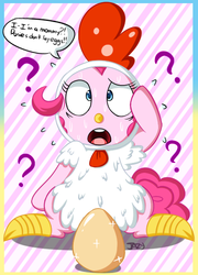Size: 420x583 | Tagged: safe, artist:pokumii, pinkie pie, chicken, earth pony, pony, g4, luna eclipsed, animal costume, chicken pie, chicken suit, clothes, costume, dialogue, egg, female, how, open mouth, oviposition, pinkie logic, question mark, shining, solo, sweat, text