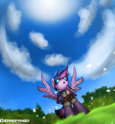 Size: 1300x1400 | Tagged: safe, artist:gamermac, twilight sparkle, alicorn, pony, g4, clothes, cloud, cloudy, female, goggles, grass, jacket, mare, sky, spread wings, twilight sparkle (alicorn), vertigo, windswept mane