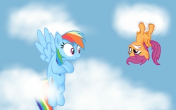 Size: 1280x800 | Tagged: safe, artist:whispercannon, rainbow dash, scootaloo, flight to the finish, g4, cloud, cloudy, scootaloo can't fly, upside down