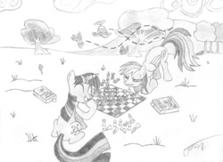 Size: 7011x5100 | Tagged: safe, artist:rofljay, rainbow dash, twilight sparkle, g4, absurd resolution, chess, monochrome