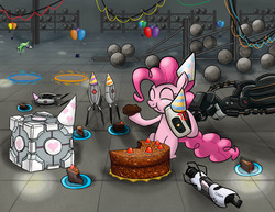 Size: 1200x927 | Tagged: safe, artist:rofljay, gummy, pinkie pie, alligator, earth pony, pony, g4, party of one, balloon, companion cube, crossover, glados, portal, portal (valve), portal gun, the cake is a lie, turret