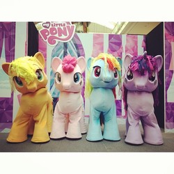 Size: 640x640 | Tagged: safe, applejack, pinkie pie, rainbow dash, twilight sparkle, g4, clothes, costume, irl, photo, ponysuit, quadsuit