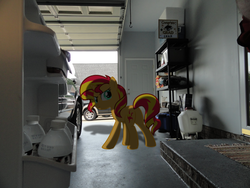 Size: 2592x1944 | Tagged: safe, artist:chatterbeast, artist:musical-medic, sunset shimmer, pony, unicorn, g4, butt, garage, irl, photo, plot, ponies in real life, refrigerator, solo