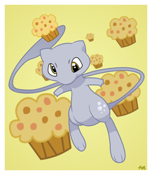 Size: 2917x3355 | Tagged: safe, artist:mythogamer, derpy hooves, mew, g4, female, food, muffin, pokefied, pokémon, simple background, solo, species swap, yellow background
