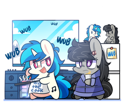 Size: 1000x880 | Tagged: safe, artist:php56, dj pon-3, octavia melody, vinyl scratch, earth pony, pony, unicorn, epic wub time, g4, apron, bed mane, bipedal, chibi, clothes, cloud, cooking, female, kitchen, mare, morning, mountain, octavia is not amused, open mouth, plushie, sky, smiling, unamused, wub