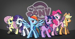 Size: 7087x3685 | Tagged: safe, artist:galaxyart, applejack, fluttershy, pinkie pie, rainbow dash, rarity, twilight sparkle, earth pony, pegasus, pony, unicorn, g4, applejack's hat, cowboy hat, eyelashes, hat, logo, looking at you, mane six, my little pony logo, smiling, smiling at you, spread wings, wings