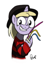 Size: 1536x2086 | Tagged: safe, artist:fimflamfilosophy, dinky hooves, g4, clothes, costume, female, freddy krueger, nightmare on elm street, pipe cleaners, simple background, solo, transparent background