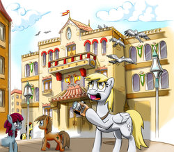 Size: 956x836 | Tagged: safe, artist:terkatoriam, derpy hooves, pegasus, pigeon, pony, g4, building, camera, female, mare, scenery, spain, underp
