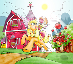 Size: 2849x2477 | Tagged: safe, artist:terkatoriam, apple bloom, applejack, g4, apple, apple bloom riding applejack, barn, ponies riding ponies, riding, sweet apple acres