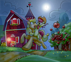 Size: 2849x2477 | Tagged: safe, artist:terkatoriam, apple bloom, applejack, g4, apple, apple bloom riding applejack, barn, ponies riding ponies, riding, sweet apple acres