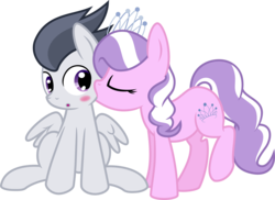 Size: 8261x6000 | Tagged: safe, artist:mactavish1996, artist:mcsadat, diamond tiara, rumble, earth pony, pegasus, pony, g4, absurd resolution, blushing, cheek kiss, colt, duo, female, filly, foal, kissing, male, shipping, simple background, straight, tiarumble, transparent background, vector