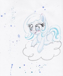 Size: 1691x2031 | Tagged: safe, artist:kittenlollipop, oc, oc only, oc:snowdrop, pony, cloud, solo, traditional art