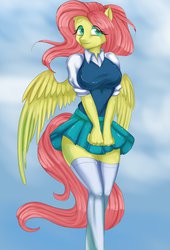 Size: 600x881 | Tagged: dead source, safe, artist:misukitty, fluttershy, anthro, g4, breasts, busty fluttershy, clothes, female, skirt, solo