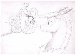 Size: 1024x745 | Tagged: safe, artist:alphamonouryuuken, screwball, oc, oc:prince illusion, hybrid, g4, interspecies offspring, monochrome, not creepy, offspring, parent:discord, parent:princess celestia, parents:dislestia, pencil drawing, siblings, tongue out, traditional art