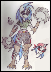 Size: 438x620 | Tagged: safe, artist:drpain, dj pon-3, vinyl scratch, unicorn, anthro, plantigrade anthro, g4, bandana, bipedal, chakra, circlet, traditional art, weapon