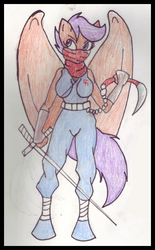 Size: 384x620 | Tagged: safe, artist:drpain, scootaloo, anthro, g4, bipedal, crossover, cypher, falchion, female, solo, strider, strider hiryu, traditional art, weapon