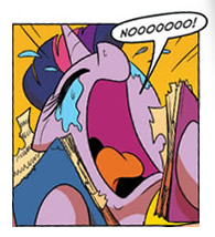 Size: 195x214 | Tagged: safe, idw, official comic, twilight sparkle, g4, spoiler:comic, big no, book, cropped, crying, eyes closed, female, no, open mouth, solo